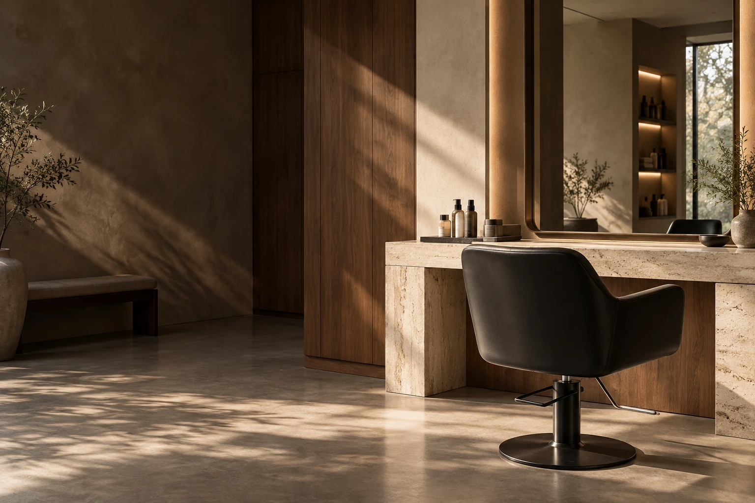 Salonkonzept mit schwarzem Friseurstuhl, Natursteinkonsole und großem Spiegel